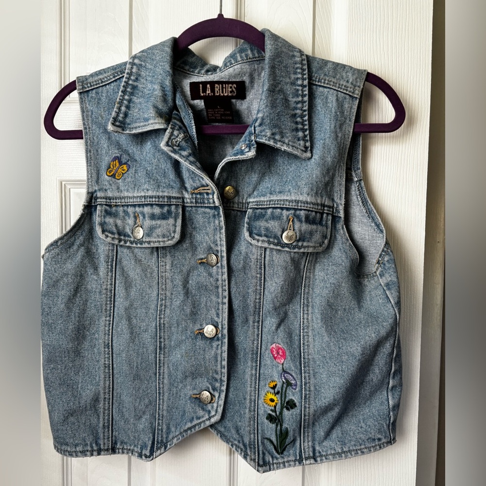 Vintage L.A. Blues Light Blue Denim Vest with Floral Embroidery
